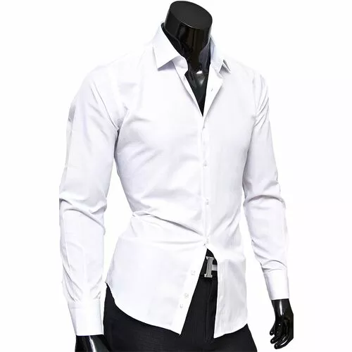 Белая приталенная мужская сорочка с длинным рукавом