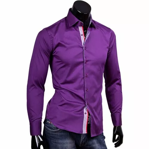 Фиолетовая приталенная рубашка с высоким воротником фото