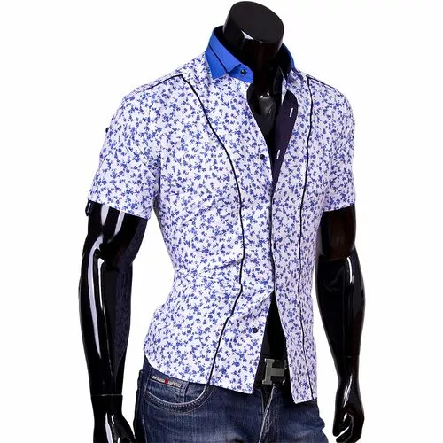 Приталенная рубашка с коротким рукавом в синий цветочек фото