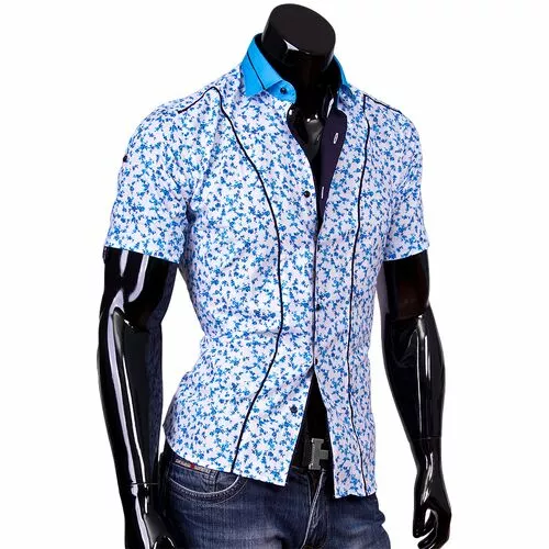 Приталенная рубашка с коротким рукавом в бирюзовый цветочек купить недорого