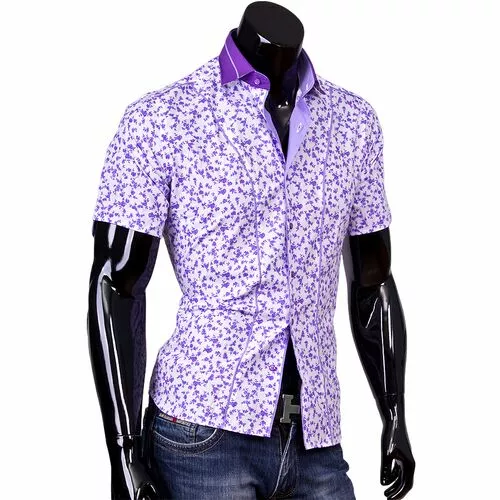 Приталенная рубашка с коротким рукавом в сиреневый цветочек фото