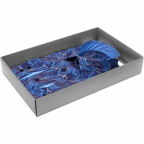 Темно-синяя приталенная мужская рубашка Venturo 8056-06 в листьях