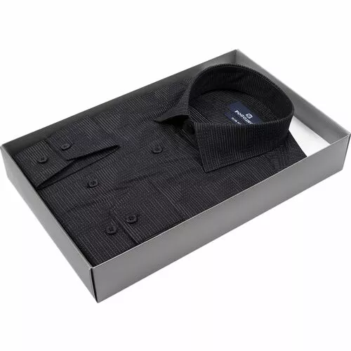Черная приталенная рубашка в листьях с длинными рукавами