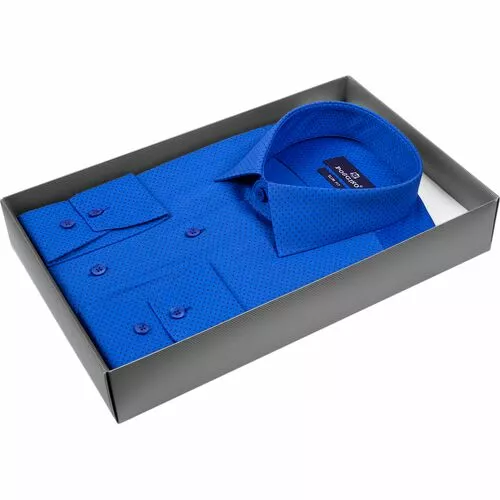 Синяя приталенная рубашка в узорах с длинным рукавом
